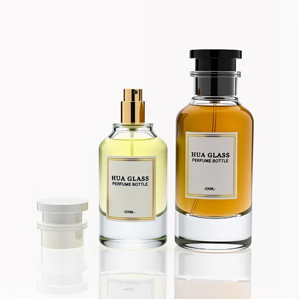 HUA0305 perfume bottle, cylindrical transparent colorless glass body with thick rounded base and curved shoulders, 50 ml or 100 ml liquid, stopper-shaped cylindrical plastic cap in black or white finish, printed label attached on bottle surface, modern minimalist luxury design, ideal for gifting and daily use.