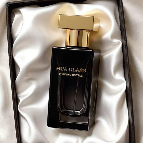 HUA0306 perfume bottle, rectangular transparent colorless or semi-transparent gradient black glass body with thick base and sharp edges, 30 ml, 50 ml, or 100 ml liquid, glossy T-shaped Zamac cap in silver, gold, or black finish, printed label or logo on bottle surface, modern luxury minimalist design, ideal for gifting and daily use.
