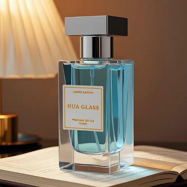 HUA0306 perfume bottle, rectangular transparent colorless or semi-transparent gradient black glass body with thick base and sharp edges, 30 ml, 50 ml, or 100 ml liquid, glossy T-shaped Zamac cap in silver, gold, or black finish, printed label or logo on bottle surface, modern luxury minimalist design, ideal for gifting and daily use.