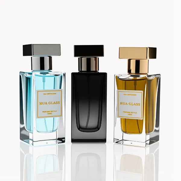 HUA0306 perfume bottle, rectangular transparent colorless or semi-transparent gradient black glass body with thick base and sharp edges, 30 ml, 50 ml, or 100 ml liquid, glossy T-shaped Zamac cap in silver, gold, or black finish, printed label or logo on bottle surface, modern luxury minimalist design, ideal for gifting and daily use.