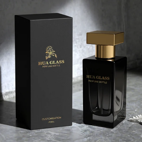 HUA0306 perfume bottle, rectangular transparent colorless or semi-transparent gradient black glass body with thick base and sharp edges, 30 ml, 50 ml, or 100 ml liquid, glossy T-shaped Zamac cap in silver, gold, or black finish, printed label or logo on bottle surface, modern luxury minimalist design, ideal for gifting and daily use.