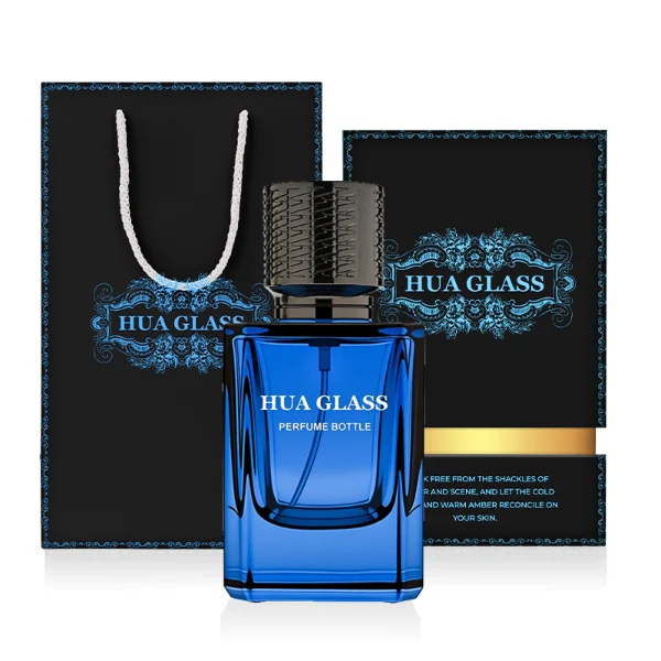 HUA0308 perfume bottle, semi-transparent blue or dark green customizable glass body with thick base and clean rectangular silhouette, 30 ml, 50 ml, or 100 ml liquid, textured cylindrical plastic cap in gold or black finish, gold or white printed logo on bottle surface, modern masculine luxury design, ideal for gifting and daily use.