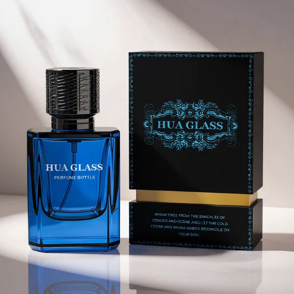 HUA0308 perfume bottle, semi-transparent blue or dark green customizable glass body with thick base and clean rectangular silhouette, 30 ml, 50 ml, or 100 ml liquid, textured cylindrical plastic cap in gold or black finish, gold or white printed logo on bottle surface, modern masculine luxury design, ideal for gifting and daily use.