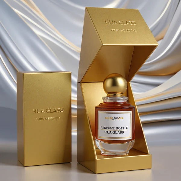 HUA0309 perfume bottle, rounded transparent colorless glass body with thick base and smooth curved silhouette, 100 ml liquid, glossy Zamac cap in cylindrical or spherical shape, printed label attached on bottle surface, elegant modern luxury design, ideal for gifting and daily use.