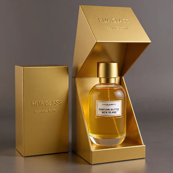 HUA0310 perfume bottle, rounded transparent colorless glass body with thick base and smooth curved silhouette, 100 ml liquid, glossy cylindrical Zamac cap with matching gold or silver metallic gloss bottle neck, printed label attached on bottle surface, modern minimalist luxury design, ideal for gifting and daily use.