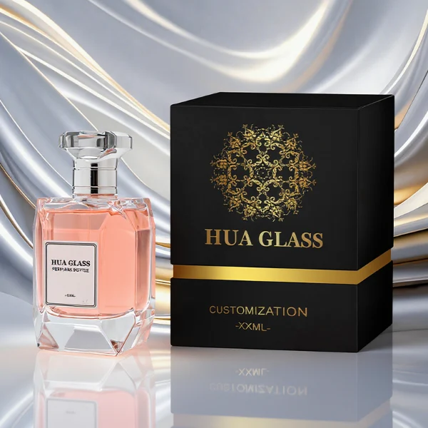 HUA0312 perfume bottle, transparent colorless multifaceted angular-cut glass body with thick geometric base, 100 ml liquid, multifaceted spherical or layered bowl-shaped plastic cap with gold bottle neck, printed label attached on bottle surface, elegant modern luxury design, ideal for gifting and daily use.