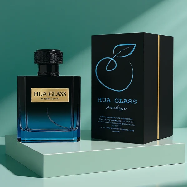 HUA0315 perfume bottle, rectangular semi-transparent glass body with blue-to-black gradient color, thick base and sharp edges, 50 ml or 100 ml liquid, textured cylindrical black plastic cap with layered neck detail, aluminum label/sticker attached on bottle surface, modern masculine luxury design, ideal for gifting and daily use.