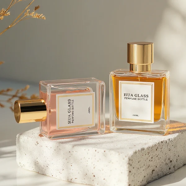 HUA0316 perfume bottle, square transparent colorless glass body with thick base and sharp edges, 30 ml, 50 ml, or 100 ml liquid, straight cylindrical Zinc Alloy cap or cylindrical cap with glossy gold bottle neck, printed label attached on bottle surface, modern minimalist luxury design, ideal for gifting and daily use.