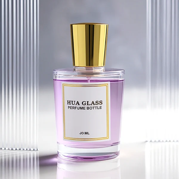 HUA0317 perfume bottle, cylindrical matte black, matte white, or transparent colorless glass body with thick rounded base, 50 ml or 70 ml liquid, flared cylindrical plastic cap in black, white, or gold finish, printed logo or brand label on bottle surface, modern minimalist fashion design, ideal for gifting and daily use.