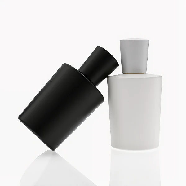 HUA0317 perfume bottle, cylindrical matte black, matte white, or transparent colorless glass body with thick rounded base, 50 ml or 70 ml liquid, flared cylindrical plastic cap in black, white, or gold finish, printed logo or brand label on bottle surface, modern minimalist fashion design, ideal for gifting and daily use.
