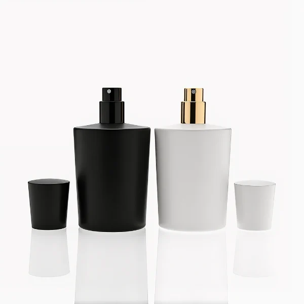 HUA0317 perfume bottle, cylindrical matte black, matte white, or transparent colorless glass body with thick rounded base, 50 ml or 70 ml liquid, flared cylindrical plastic cap in black, white, or gold finish, printed logo or brand label on bottle surface, modern minimalist fashion design, ideal for gifting and daily use.