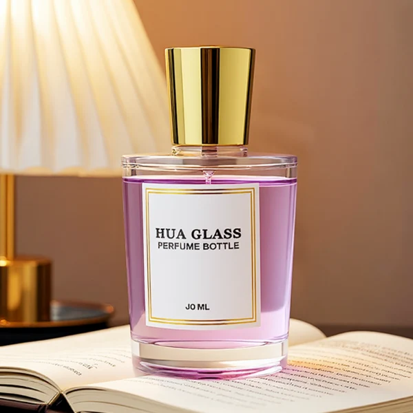 HUA0317 perfume bottle, cylindrical matte black, matte white, or transparent colorless glass body with thick rounded base, 50 ml or 70 ml liquid, flared cylindrical plastic cap in black, white, or gold finish, printed logo or brand label on bottle surface, modern minimalist fashion design, ideal for gifting and daily use.