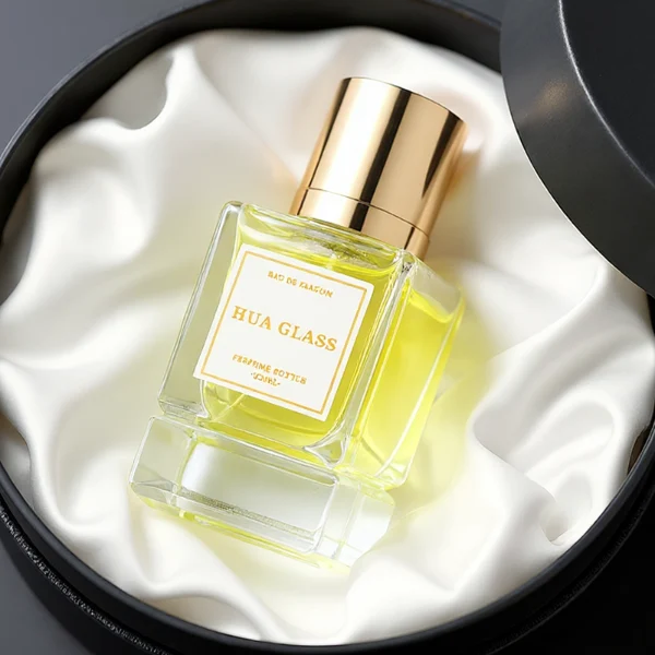 HUA0318 perfume bottle, rectangular transparent colorless glass body with thick base and sharp edges, 30 ml, 50 ml, or 100 ml liquid, glossy cylindrical aluminum cap in gold or black finish, printed label attached on bottle surface, modern minimalist luxury design, ideal for gifting and daily use.