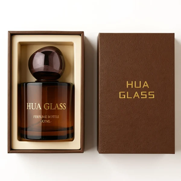 HUA0321 perfume bottle, cylindrical semi-transparent amber or black glass body with thick rounded base, 30 ml, 50 ml, or 100 ml liquid, glossy spherical plastic cap in black or dark purple color, clean blank bottle design, modern artistic minimalist style, ideal for gifting and daily use.