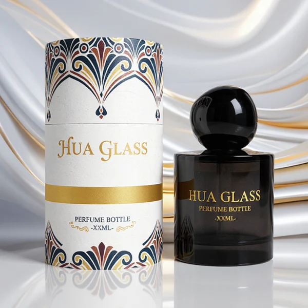 HUA0321 perfume bottle, cylindrical semi-transparent amber or black glass body with thick rounded base, 30 ml, 50 ml, or 100 ml liquid, glossy spherical plastic cap in black or dark purple color, clean blank bottle design, modern artistic minimalist style, ideal for gifting and daily use.