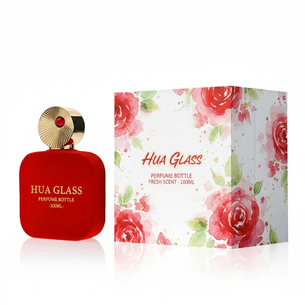 HUA0323 perfume bottle, rounded rectangular matte red or matte black glass body with thick base, 30 ml, 50 ml, or 100 ml liquid, decorative Zamac cap with engraved radial texture or crown-inspired design and jewel detail, aluminum label/sticker attached on bottle surface, artistic luxury vintage style, ideal for gifting and display.