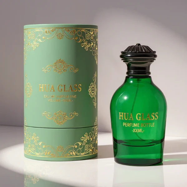 HUA0324 perfume bottle, rounded cylindrical semi-transparent red, blue, or smoky black glass body with thick base, 100 ml liquid, decorative Zamac cap with carved crown-inspired or layered dome design, metallic gold printed logo on bottle surface, vintage luxury artistic style, ideal for gifting and display.