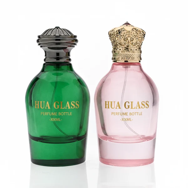 HUA0324 perfume bottle, rounded cylindrical semi-transparent red, blue, or smoky black glass body with thick base, 100 ml liquid, decorative Zamac cap with carved crown-inspired or layered dome design, metallic gold printed logo on bottle surface, vintage luxury artistic style, ideal for gifting and display.