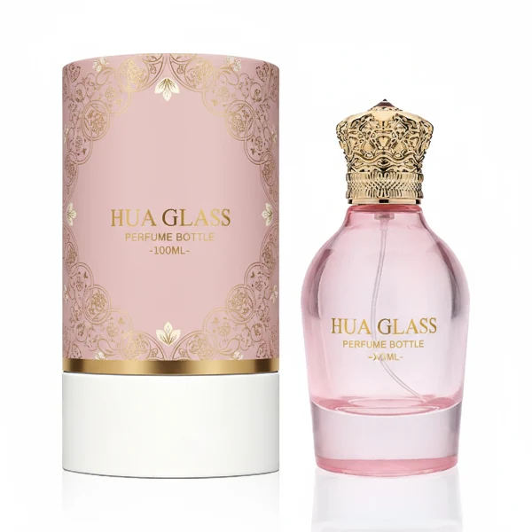 HUA0324 perfume bottle, rounded cylindrical semi-transparent red, blue, or smoky black glass body with thick base, 100 ml liquid, decorative Zamac cap with carved crown-inspired or layered dome design, metallic gold printed logo on bottle surface, vintage luxury artistic style, ideal for gifting and display.