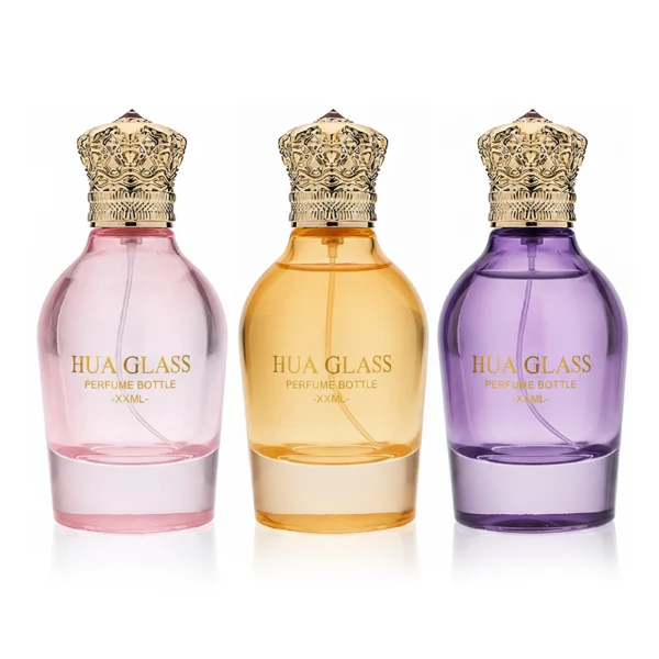 HUA0324 perfume bottle, rounded cylindrical semi-transparent red, blue, or smoky black glass body with thick base, 100 ml liquid, decorative Zamac cap with carved crown-inspired or layered dome design, metallic gold printed logo on bottle surface, vintage luxury artistic style, ideal for gifting and display.