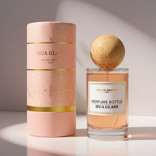 HUA0325 perfume bottle, cylindrical transparent colorless glass body with thick rounded base and smooth silhouette, 30 ml, 50 ml, 100 ml, 200 ml, or 250 ml liquid, spherical wooden cap with natural wood grain texture in light or dark finish, printed label attached on bottle surface, natural modern minimalist design, ideal for gifting and display.