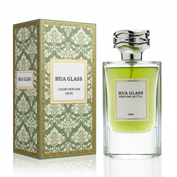 HUA0327 perfume bottle, minimalist geometric cylindrical transparent glass body with smooth curved sides and thick base, 80 ml liquid, irregular geometric plastic cap with side wave-texture in glossy gold or silver finish, printed label on bottle surface, modern minimalist luxury design, ideal for gifting and daily use.
