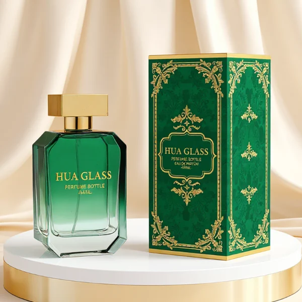 HUA0328 perfume bottle, rounded cylindrical semi-transparent amber or smoky black glass body with soft curved corners and thick base, 100 ml liquid, cylindrical leather-wrapped plastic cap with glossy gold top detail and matching gold bottle neck, clean blank bottle surface, modern minimalist luxury design, ideal for gifting and daily use.