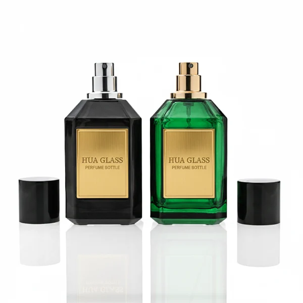 HUA0330 perfume bottle, multifaceted semi-transparent black or green glass body with polyhedral faceted cutting and thick base, 35 ml, 50 ml, or 100 ml liquid, glossy black cylindrical cap, clean blank bottle surface, modern geometric luxury design, ideal for gifting and daily use.