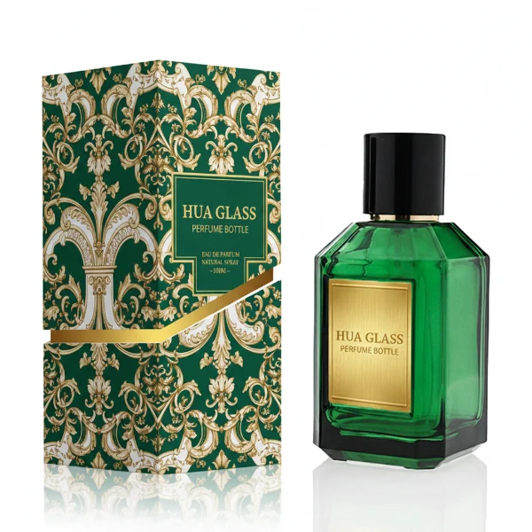 HUA0330 perfume bottle, multifaceted semi-transparent black or green glass body with polyhedral faceted cutting and thick base, 35 ml, 50 ml, or 100 ml liquid, glossy black cylindrical cap, clean blank bottle surface, modern geometric luxury design, ideal for gifting and daily use.