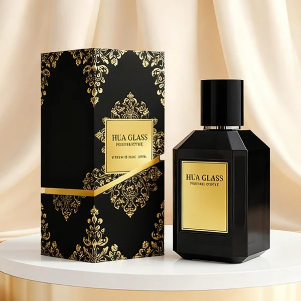 HUA0330 perfume bottle, multifaceted semi-transparent black or green glass body with polyhedral faceted cutting and thick base, 35 ml, 50 ml, or 100 ml liquid, glossy black cylindrical cap, clean blank bottle surface, modern geometric luxury design, ideal for gifting and daily use.