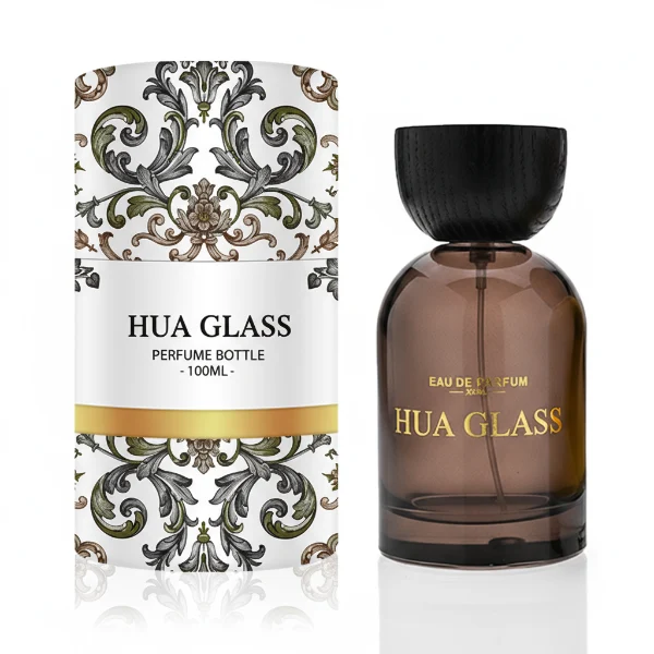 HUA0331 perfume bottle, rounded cylindrical transparent or semi-transparent smoky brown glass body with thick base, 30 ml, 50 ml, or 100 ml liquid, semi-spherical wooden cap in natural wood or black color, gold bottle neck, printed label or blank bottle surface, modern natural luxury design, ideal for gifting and daily use.