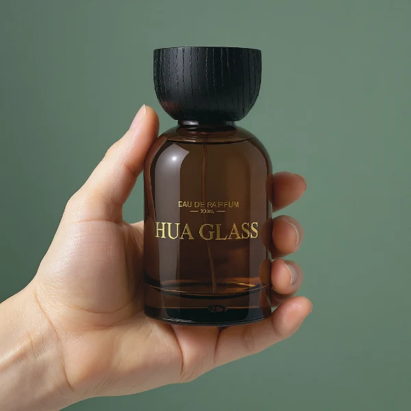 HUA0331 perfume bottle, rounded cylindrical transparent or semi-transparent smoky brown glass body with thick base, 30 ml, 50 ml, or 100 ml liquid, semi-spherical wooden cap in natural wood or black color, gold bottle neck, printed label or blank bottle surface, modern natural luxury design, ideal for gifting and daily use.