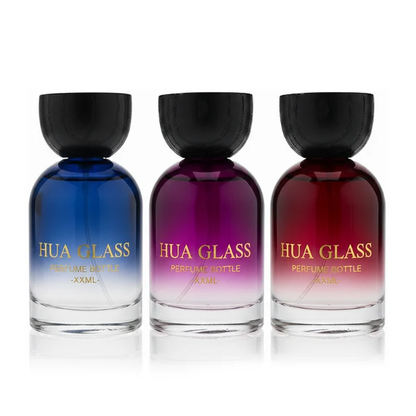 HUA0331 perfume bottle, rounded cylindrical transparent or semi-transparent smoky brown glass body with thick base, 30 ml, 50 ml, or 100 ml liquid, semi-spherical wooden cap in natural wood or black color, gold bottle neck, printed label or blank bottle surface, modern natural luxury design, ideal for gifting and daily use.