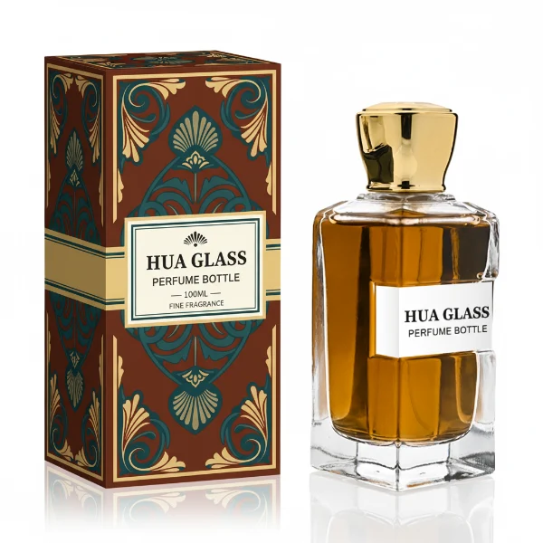 HUA0332 perfume bottle, rectangular semi-transparent gradient black or transparent colorless glass body with smooth curved edges and thick base, 100 ml liquid, rounded square-shaped glossy plastic cap in gold or silver finish, brand logo label attached on bottle surface, modern geometric luxury design, ideal for gifting and daily use.