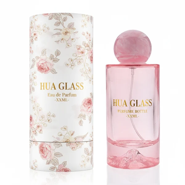 HUA0333 perfume bottle, rounded cylindrical frosted glass body in white, pink, lavender, or light blue, 30 ml, 50 ml, or 100 ml liquid, spherical resin cap with marble-inspired texture, silver bottle neck, gold printed brand logo on bottle surface, modern pastel luxury design, ideal for gifting and daily use.