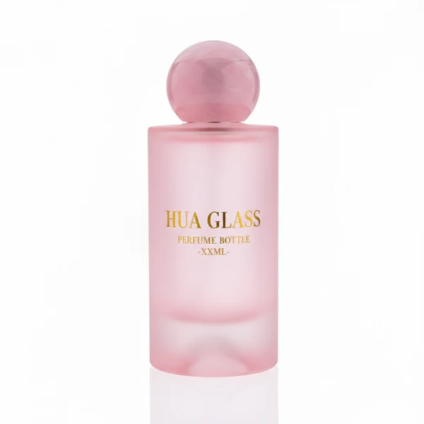 HUA0333 perfume bottle, rounded cylindrical frosted glass body in white, pink, lavender, or light blue, 30 ml, 50 ml, or 100 ml liquid, spherical resin cap with marble-inspired texture, silver bottle neck, gold printed brand logo on bottle surface, modern pastel luxury design, ideal for gifting and daily use.