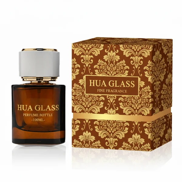 HUA0335 perfume bottle, cylindrical semi-transparent red, blue, or green glass body with thick base, 30 ml, 50 ml, or 100 ml liquid, cylindrical plastic cap with flat top and metal decorative rings on both ends, gold bottle neck, gold printed brand logo on bottle surface, modern minimalist luxury design, ideal for gifting and daily use.