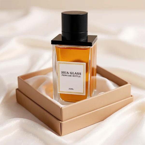 HUA0336 perfume bottle, rectangular transparent colorless glass body with thick base, 100 ml liquid, T-shaped aluminum and magnetic cap with cylindrical upper structure and horizontal flat top in black or gold finish, label attached on bottle surface, modern minimalist luxury design, ideal for gifting and daily use.
