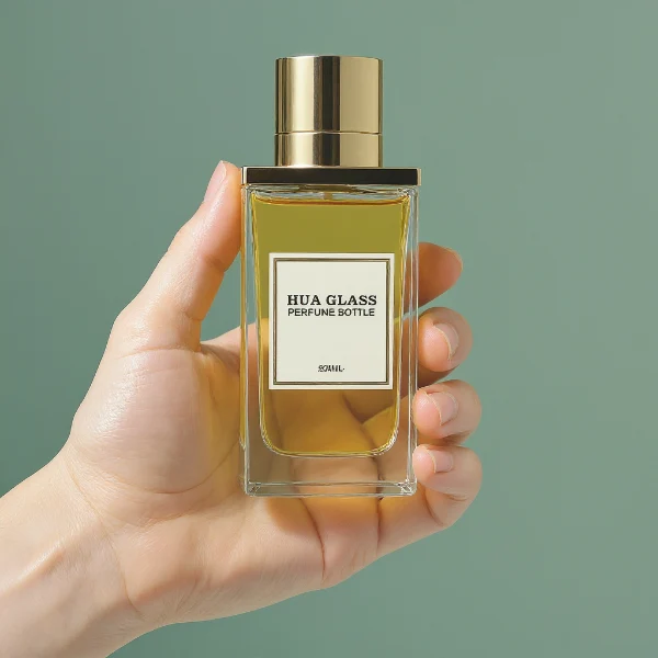 HUA0336 perfume bottle, rectangular transparent colorless glass body with thick base, 100 ml liquid, T-shaped aluminum and magnetic cap with cylindrical upper structure and horizontal flat top in black or gold finish, label attached on bottle surface, modern minimalist luxury design, ideal for gifting and daily use.