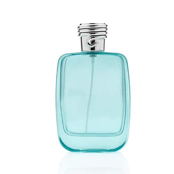 HUA0337 perfume bottle, rounded rectangular transparent colorless glass body with light blue tint, 50 ml or 100 ml liquid, silver cylindrical plastic cap with rope-inspired decorative detail, silver bottle neck, gold printed brand logo on bottle surface, modern minimalist luxury design, ideal for gifting and daily use.