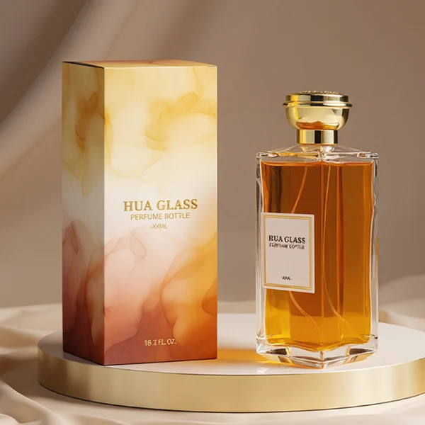 HUA0339 perfume bottle, tall rectangular transparent colorless glass body with beveled edges and thick base, 200 ml liquid, flat-top geometric plastic cap in glossy black or gold finish with layered cylindrical base, no bottle neck, brand logo label on bottle surface, modern luxury minimalist design, ideal for gifting and daily use.