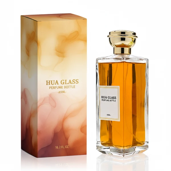 HUA0339 perfume bottle, tall rectangular transparent colorless glass body with beveled edges and thick base, 200 ml liquid, flat-top geometric plastic cap in glossy black or gold finish with layered cylindrical base, no bottle neck, brand logo label on bottle surface, modern luxury minimalist design, ideal for gifting and daily use.