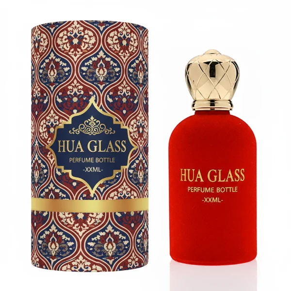 HUA0340 perfume bottle, rounded cylindrical glossy black or red glass body covered in velvet with thick base, 30 ml, 50 ml, or 100 ml liquid, crown-shaped Zamak cap with faceted rhombus-cut pattern in matching glossy black or red, black or gold bottle neck matching cap, gold printed brand logo on velvet surface, modern royal luxury design, ideal for gifting and daily use.