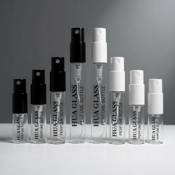 HUA0195 perfume bottle, small cylindrical transparent glass body with 1.5 ml, 2 ml, 3 ml, or 5 ml liquid, black or white plastic spray cap, printed logo, compact and practical design, ideal for travel and sample use.