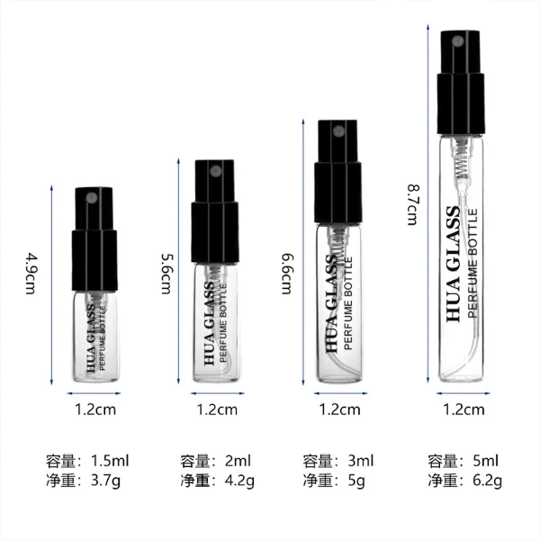 HUA0195 perfume bottle, small cylindrical transparent glass body with 1.5 ml, 2 ml, 3 ml, or 5 ml liquid, black or white plastic spray cap, printed logo, compact and practical design, ideal for travel and sample use.