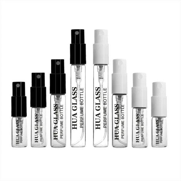 HUA0195 perfume bottle, small cylindrical transparent glass body with 1.5 ml, 2 ml, 3 ml, or 5 ml liquid, black or white plastic spray cap, printed logo, compact and practical design, ideal for travel and sample use.