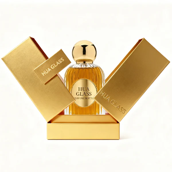 HUA0345 perfume bottle, cylindrical transparent colorless glass body with vertical ribbed texture, 50 ml or 100 ml liquid, spherical glossy gold plastic cap with magnetic closure, gold bottle neck, gold aluminum label attached on bottle surface, elegant luxury design, ideal for gifting and daily use.