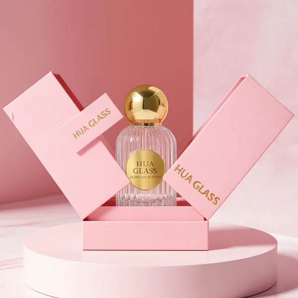 HUA0345 perfume bottle, cylindrical transparent colorless glass body with vertical ribbed texture, 50 ml or 100 ml liquid, spherical glossy gold plastic cap with magnetic closure, gold bottle neck, gold aluminum label attached on bottle surface, elegant luxury design, ideal for gifting and daily use.