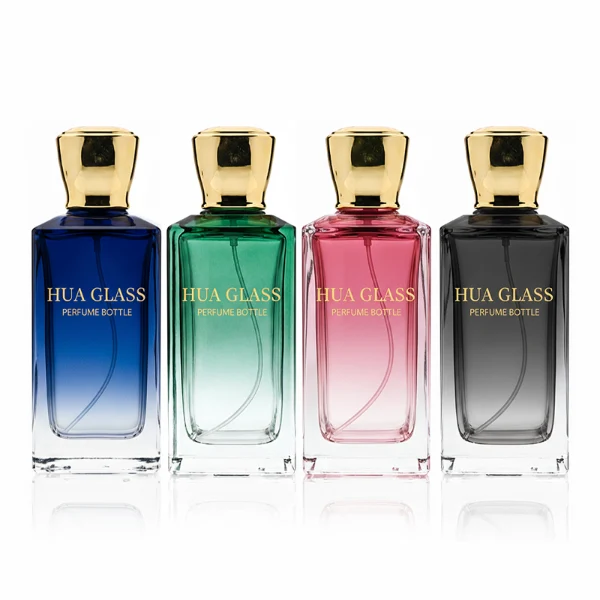 HUA0346 perfume bottle, rectangular transparent colorless glass body with gradient blue, green, or amber tint, 100 ml liquid, glossy square plastic cap with smooth curved sides, no bottle neck, gold printed brand logo on bottle surface, modern luxury minimalist design, ideal for gifting and daily use.