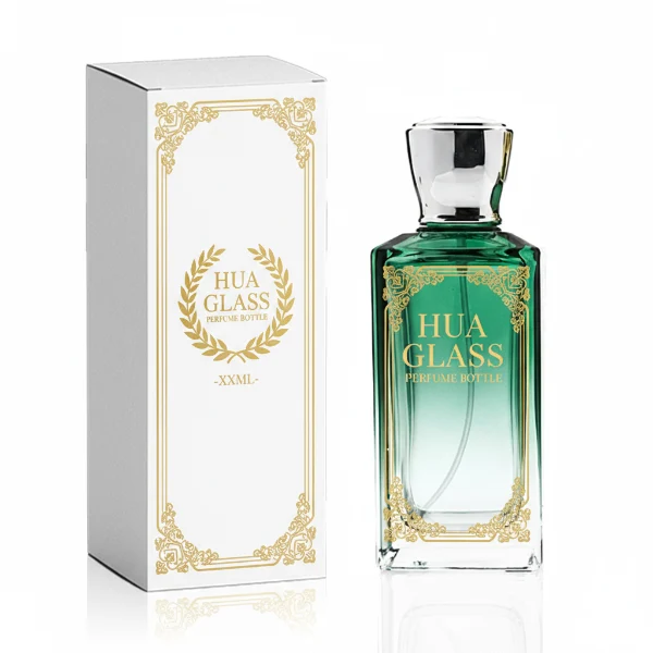 HUA0346 perfume bottle, rectangular transparent colorless glass body with gradient blue, green, or amber tint, 100 ml liquid, glossy square plastic cap with smooth curved sides, no bottle neck, gold printed brand logo on bottle surface, modern luxury minimalist design, ideal for gifting and daily use.